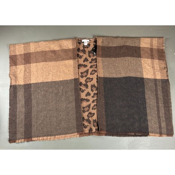 Nine West Reversible Wrap Scarf Plaid Leopard Brown Black Fringe NWT $50 MSRP - Picture 3 of 9